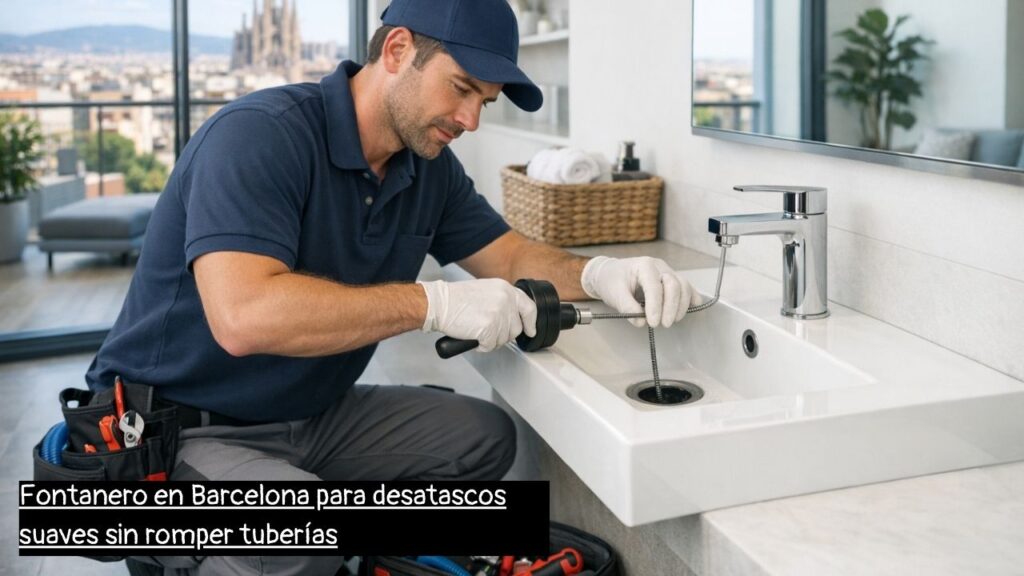 fontanero en Barcelona realizando un desatasco suave sin dañar tuberías