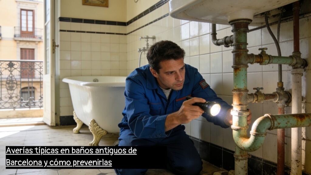fontanero en Barcelona revisando las tuberías de un baño antiguo
