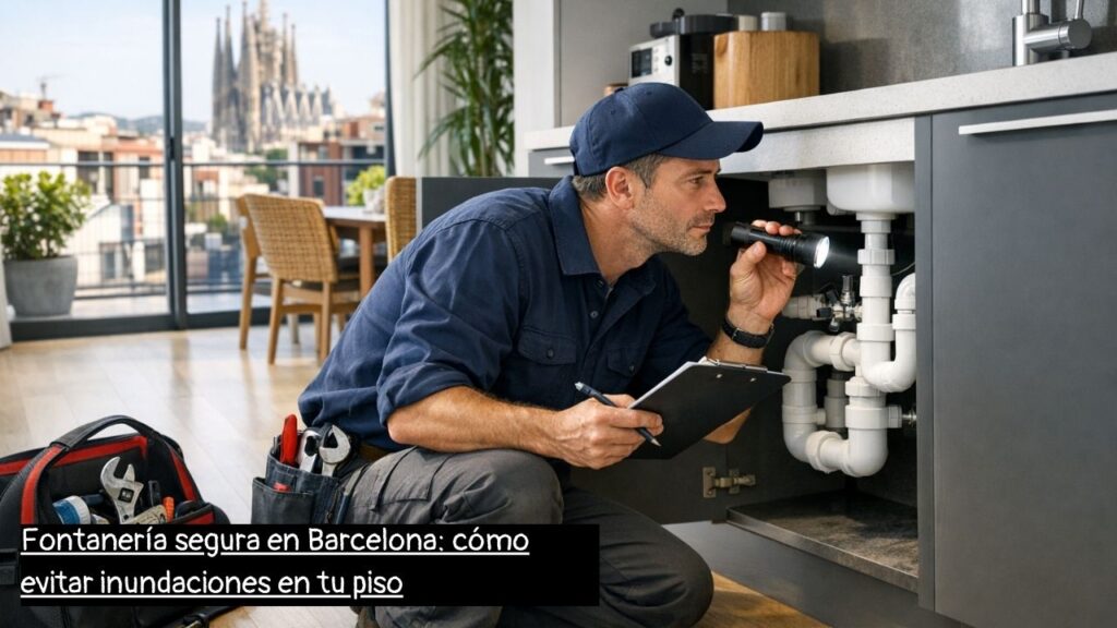 fontanero en Barcelona revisando tuberías para prevenir inundaciones en un piso