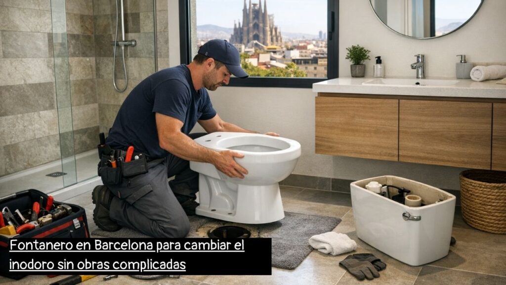 fontanero en Barcelona reemplazando un inodoro en un baño moderno
