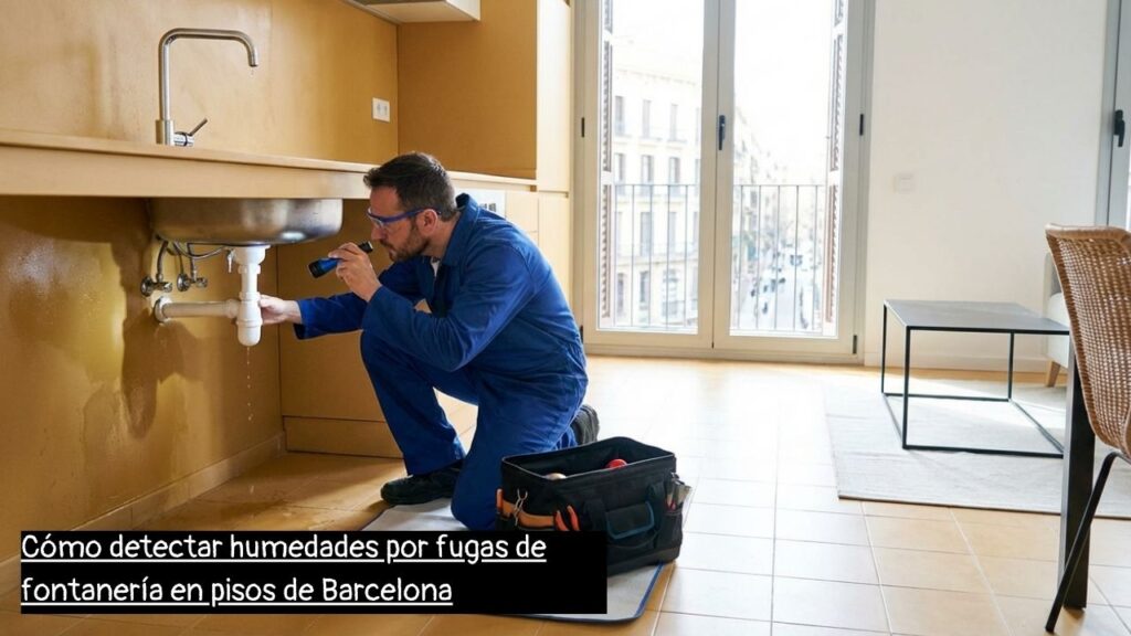 fontanero en Barcelona revisando humedades y tuberías en un piso