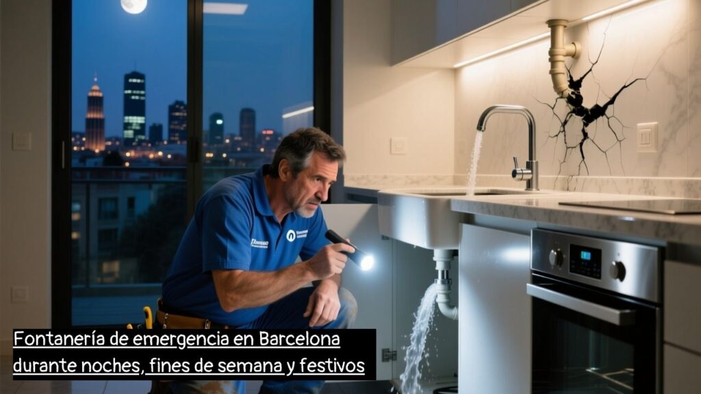 fontanero en Barcelona atendiendo una emergencia nocturna de fontanería
