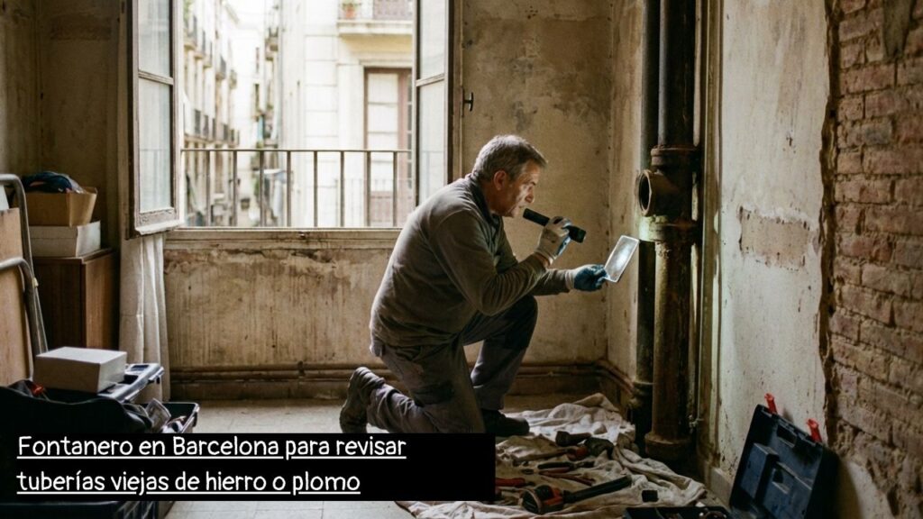 fontanero en Barcelona inspeccionando tuberías antiguas de hierro