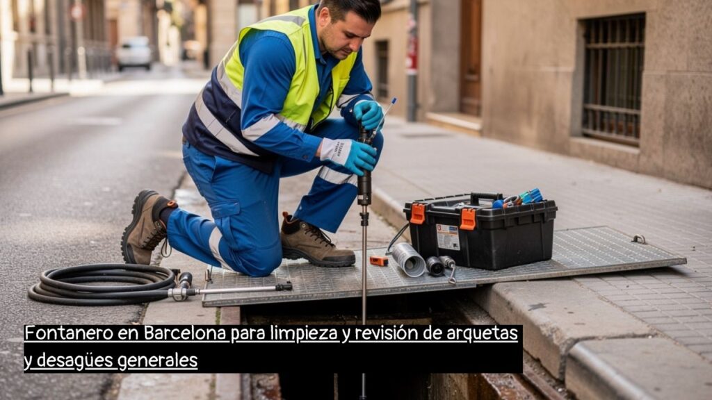 fontanero en Barcelona revisando una arqueta de desagüe