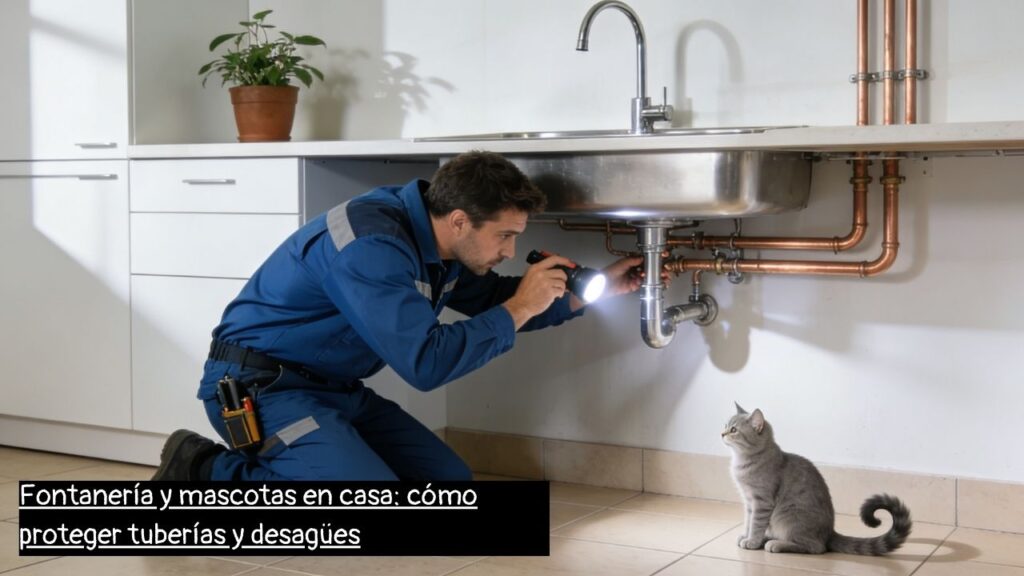 fontanero en Barcelona revisando tuberías en una casa con mascotas