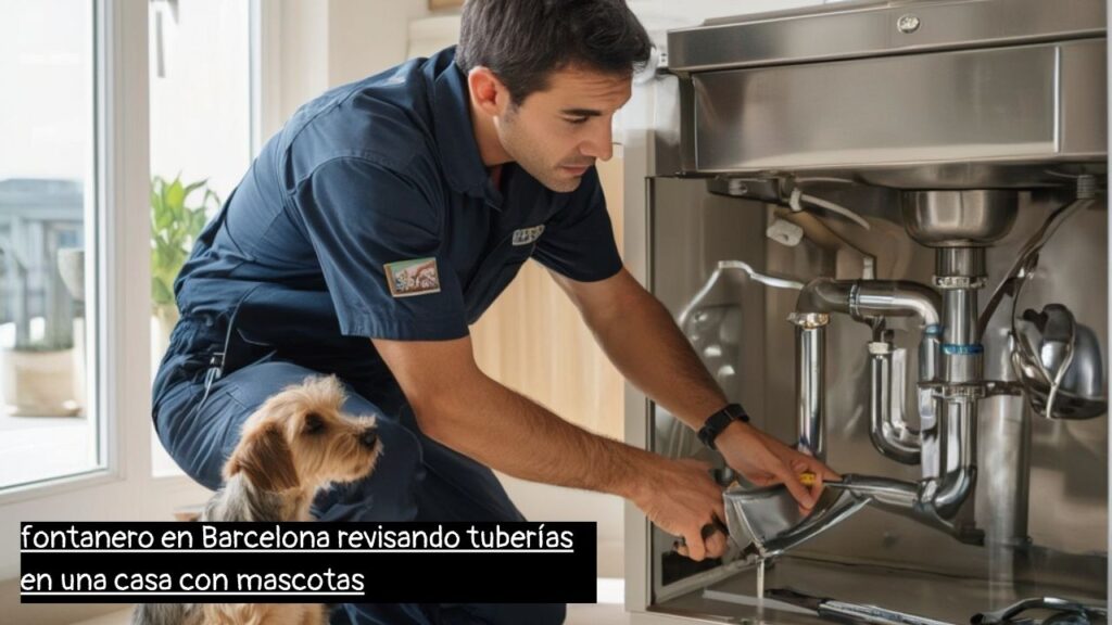 fontanero en Barcelona revisando tuberías en una casa con mascotas