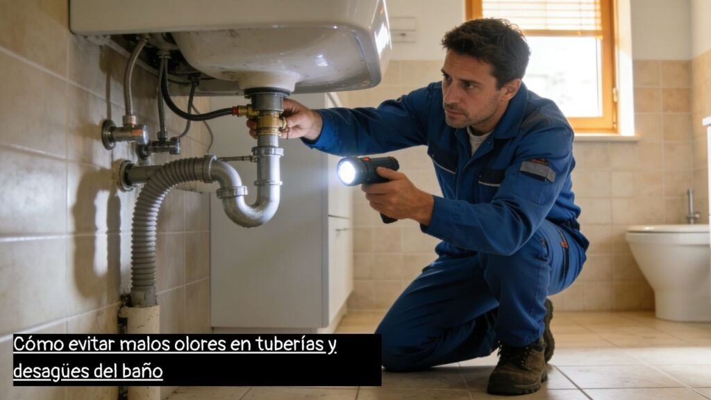 fontanero en Barcelona revisando tuberías del baño por malos olores