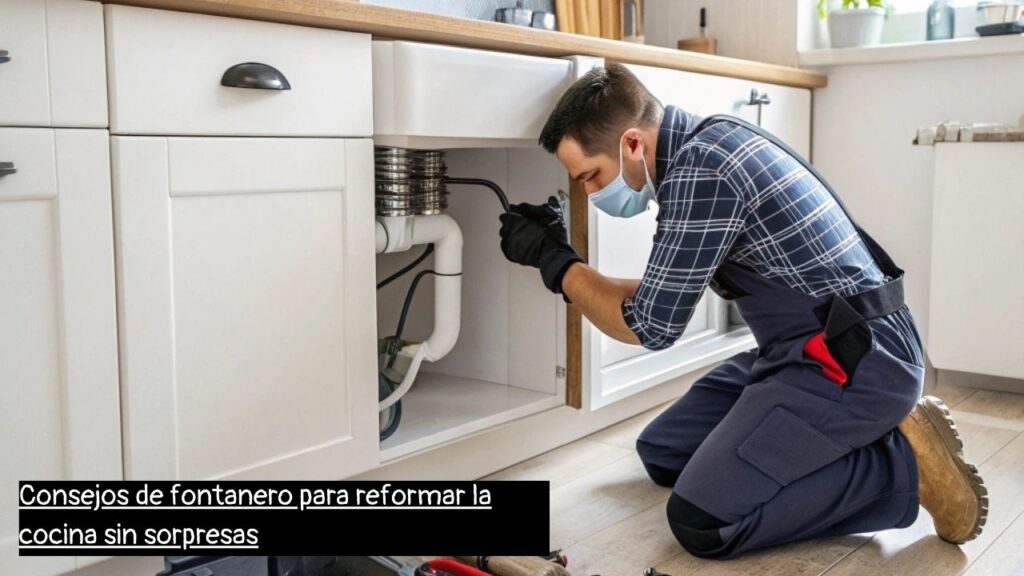 fontanero revisando tuberías durante una reforma de cocina