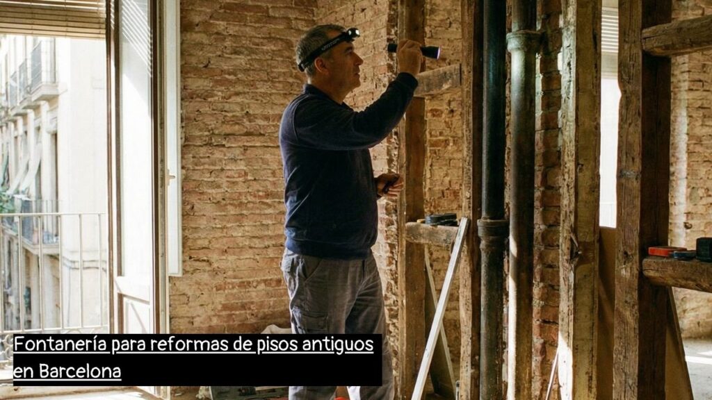 fontanero en Barcelona revisando tuberías en una reforma de piso antiguo