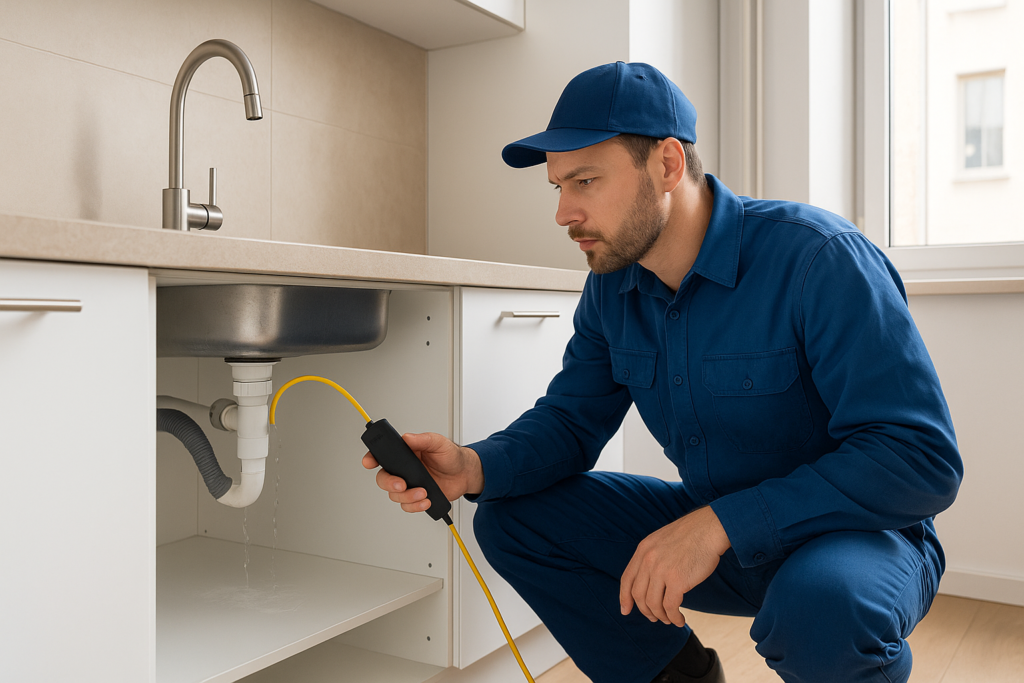fontanero en Barcelona detectando una fuga de agua en la cocina de un piso